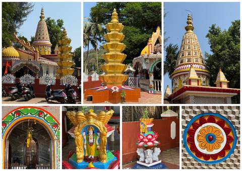       Collage of brightly painted Hindu temple towers and decorative pillars.
  