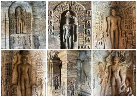       Grid of Jain relief sculptures and pillars carved into cave walls.
  