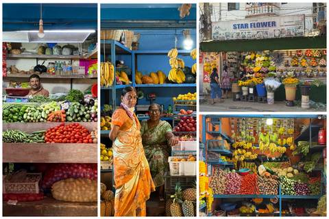       Collage of vibrant fruit and vegetable stalls inside a local market.
  
