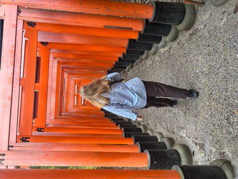       Traveler walking through the iconic vermilion torii tunnel at Fushimi Inari Shrine.
  