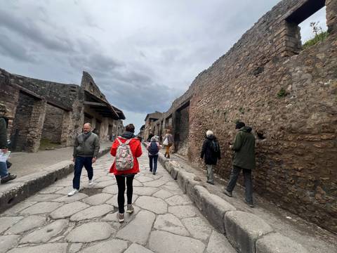       Stone street flanked by ruins in Pompeii with visitors exploring under cloudy skies.
  