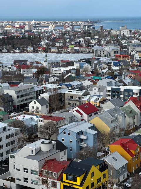       Panoramic view of Reykjavik’s patchwork of colorful rooftops and buildings stretching toward the sea.
  