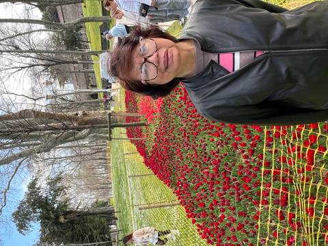       A woman smiles beside fenced rows of blooming red tulips in a city park.
  
