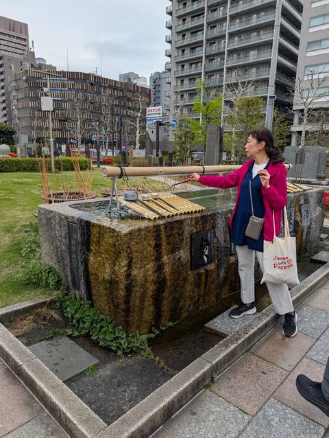       Visitor rinsing hands at a bamboo purification fountain in a Japanese shrine garden
  