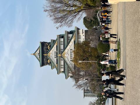       Majestic Osaka Castle with its green and gold roofs rises above a bustling park full of visitors.
  
