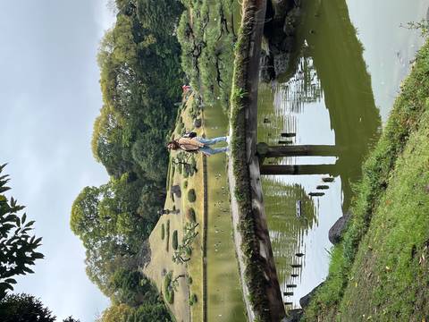       Young woman stands on a moss-covered stone bridge over a tranquil pond in a manicured Japanese garden.
  
