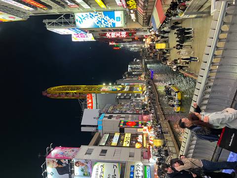       Vibrant night view of Dotonbori canal lined with neon billboards and boats cruising the waterway in Osaka.
  