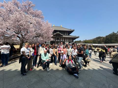       Large tour group poses under cherry blossoms in front of Nara’s historic Todaiji temple on a sunny day.
  