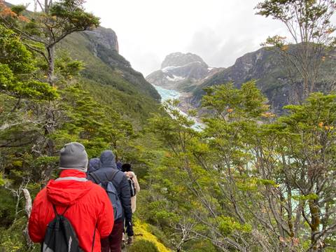       Hikers in colorful jackets trek through dense Patagonian forest toward a distant hanging glacier.
  