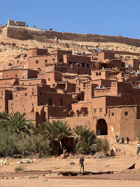       Historic earthen kasbah buildings of Ait Benhaddou with palm fronds framing the scene
  