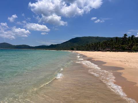       Pristine sandy beach with turquoise water and palm-lined hills under a clear sky.
  