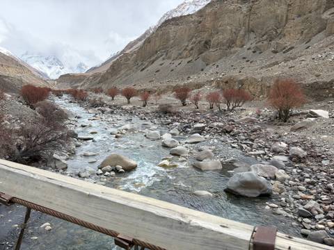       Rocky alpine river flowing through a barren valley lined with small red-leafed trees and distant snowy peaks.
  