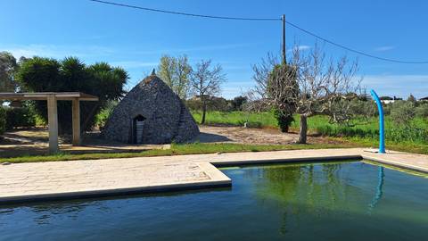       Small stone trullo-style hut beside a rectangular swimming pool amid rural greenery under a clear blue sky.
  