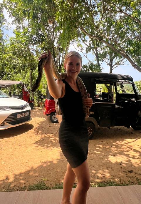       Traveller holding a large snake while standing beside tuk-tuks and cars in a rural setting
  