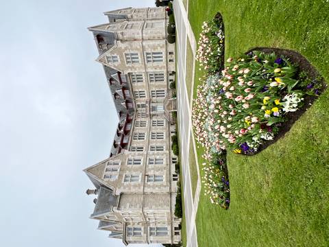      Grand stone palace with gabled roof fronted by manicured lawn and colorful tulip beds.
  