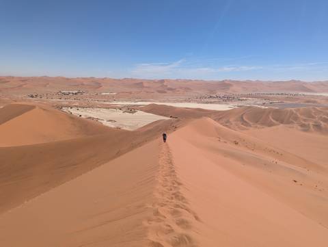       Lone traveller walks knife-edge crest of towering dune overlooking endless desert flats and distant ridges.
  