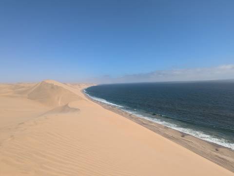      Sweeping golden dunes plunge directly into deep-blue Atlantic waves beneath clear sky on Namibia’s Skeleton Coast.
  