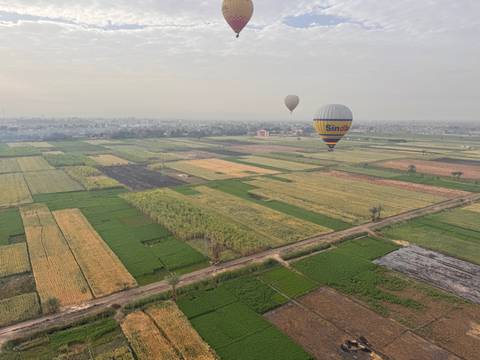       Hot-air balloons drift above patchwork of green and yellow farmlands in morning haze
  