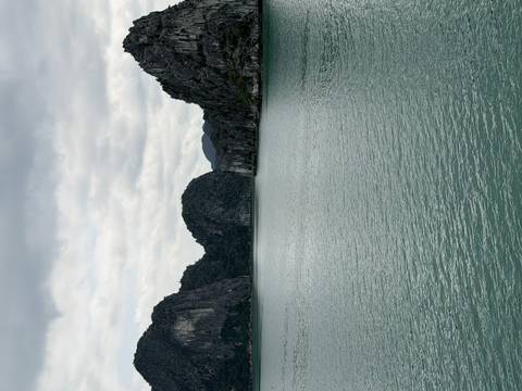       Serene wide view of Ha Long Bay’s green waters framed by limestone cliffs under cloudy sky.
  