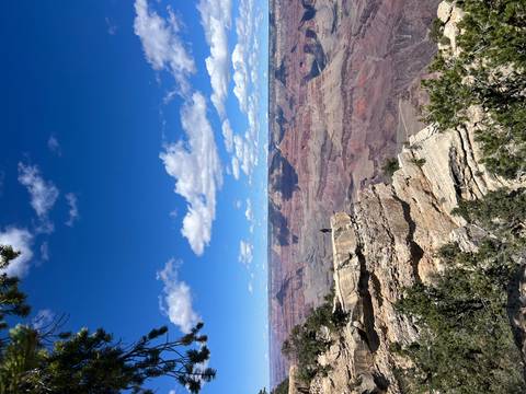       Solitary hiker stands on a rocky rim overlooking the vast layers of the Grand Canyon.
  