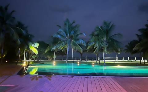       Night view of a lit resort pool bordered by palm trees.
  