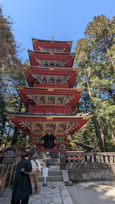       Tall red five-story pagoda rising among evergreen trees against a blue sky.
  