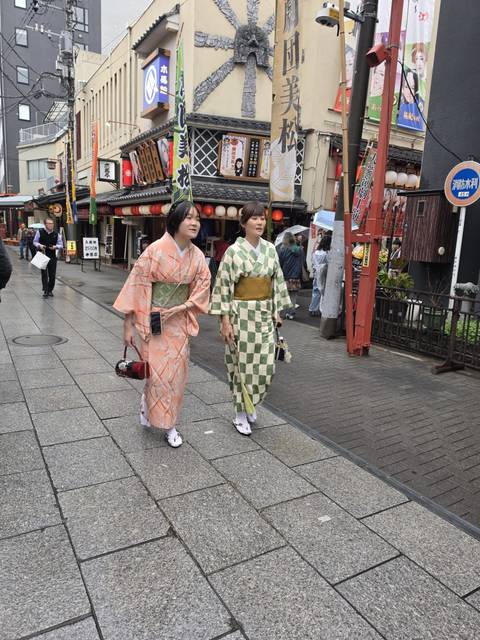       Two women wearing traditional kimonos stroll through a lively Japanese shopping street on a gray day.
  