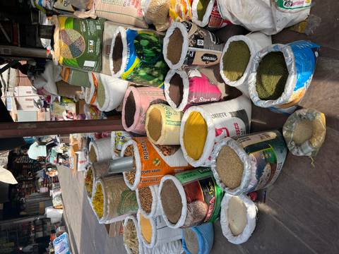       Colorful sacks of spices and grains displayed in bustling Indian market stall.
  