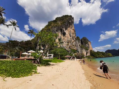       Tropical Thai beach with towering limestone karst, sun loungers, and palm trees under a bright sky.
  