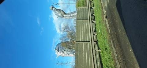       Metallic horse-head sculptures peeking over roadside barrier under bright blue sky.
  