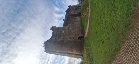       Medieval stone castle with round tower set on grassy knoll beneath mottled clouds.
  