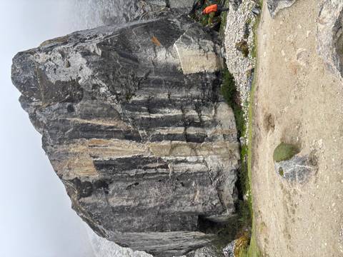       Massive granite boulder with streaked mineral patterns standing beside a rough mountain trail on a cloudy day.
  