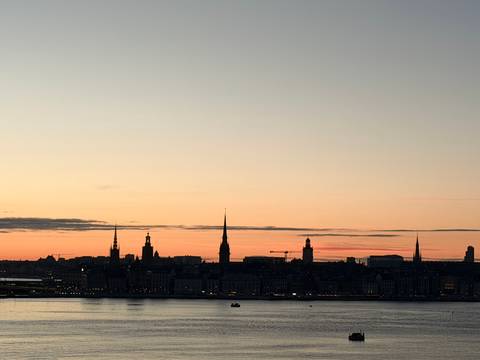       Distant silhouette of Stockholm's spires at dawn with pastel sky reflecting on the harbour.
  