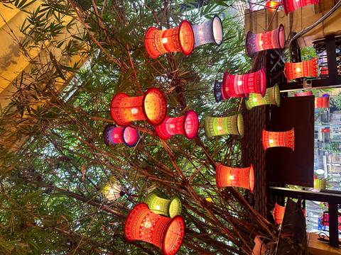       Bright multicolored silk lanterns hanging from bamboo branches, creating a festive ambiance.
  