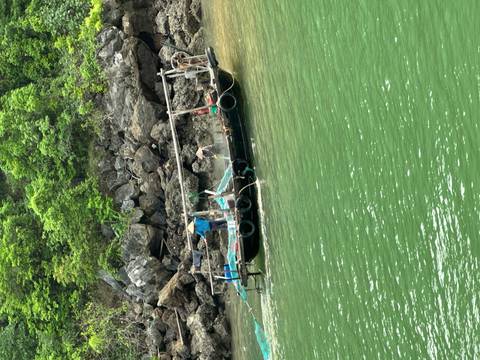       Small local fishing boat with one person working nets near rocky shoreline and lush greenery.
  