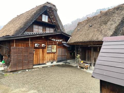       Traditional wooden gassho-style farmhouses with steep thatched roofs in a mountain village.
  