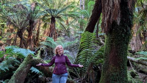       Smiling woman standing on a moss-covered log surrounded by dense Tasmanian tree-fern forest.
  