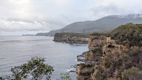       Dramatic sea cliffs along the Tasman Peninsula with misty hills receding in the distance.
  