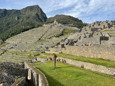       Extensive agricultural terraces of Machu Picchu with stone buildings and crowds below citadel.
  