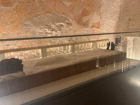       Mummified body displayed in a dimly lit museum glass case.
  