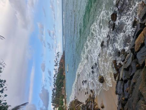       Gentle surf washes a sandy tropical beach lined with distant leaning palm trees and a small boat.
  