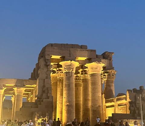       Illuminated columns and capitals of Kom Ombo Temple glowing against deep twilight sky
  