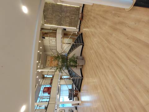       Spacious cruise ship lobby with wooden flooring, twin staircases and decorative potted bamboo
  