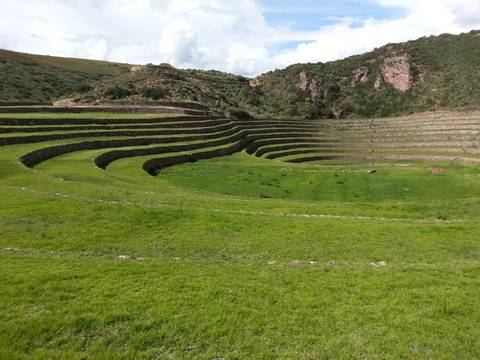       The concentric agricultural terraces of Moray curve through lush green grass under a partly cloudy sky.
  