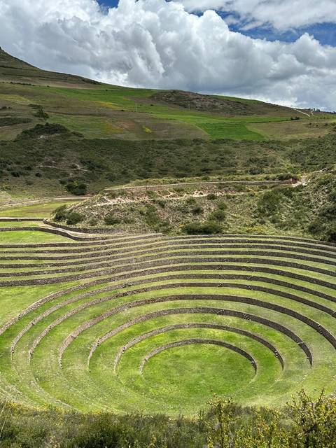       Terraced circles of Moray carve across a green hillside creating rhythmic contours.
  