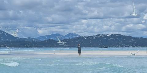       Lone traveler stands on a sandbar surrounded by turquoise sea, seabirds, and distant islands.
  