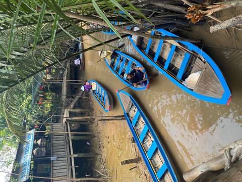       Blue wooden sampan boats float in narrow muddy canal shaded by palms in the Mekong Delta.
  