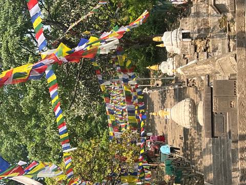       Stone stairway lined with colorful prayer flags and small stupas amid green trees.
  