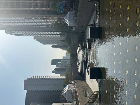       Sunlit urban canyon view of Cheonggyecheon stream flanked by modern high-rise buildings and bridge in distance.
  