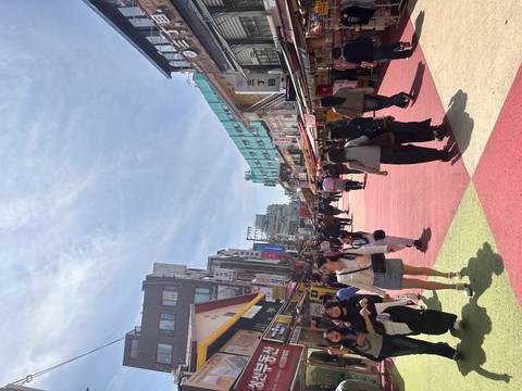      Lively pedestrian shopping street with colourful patterned pavement and crowds under sunny sky.
  